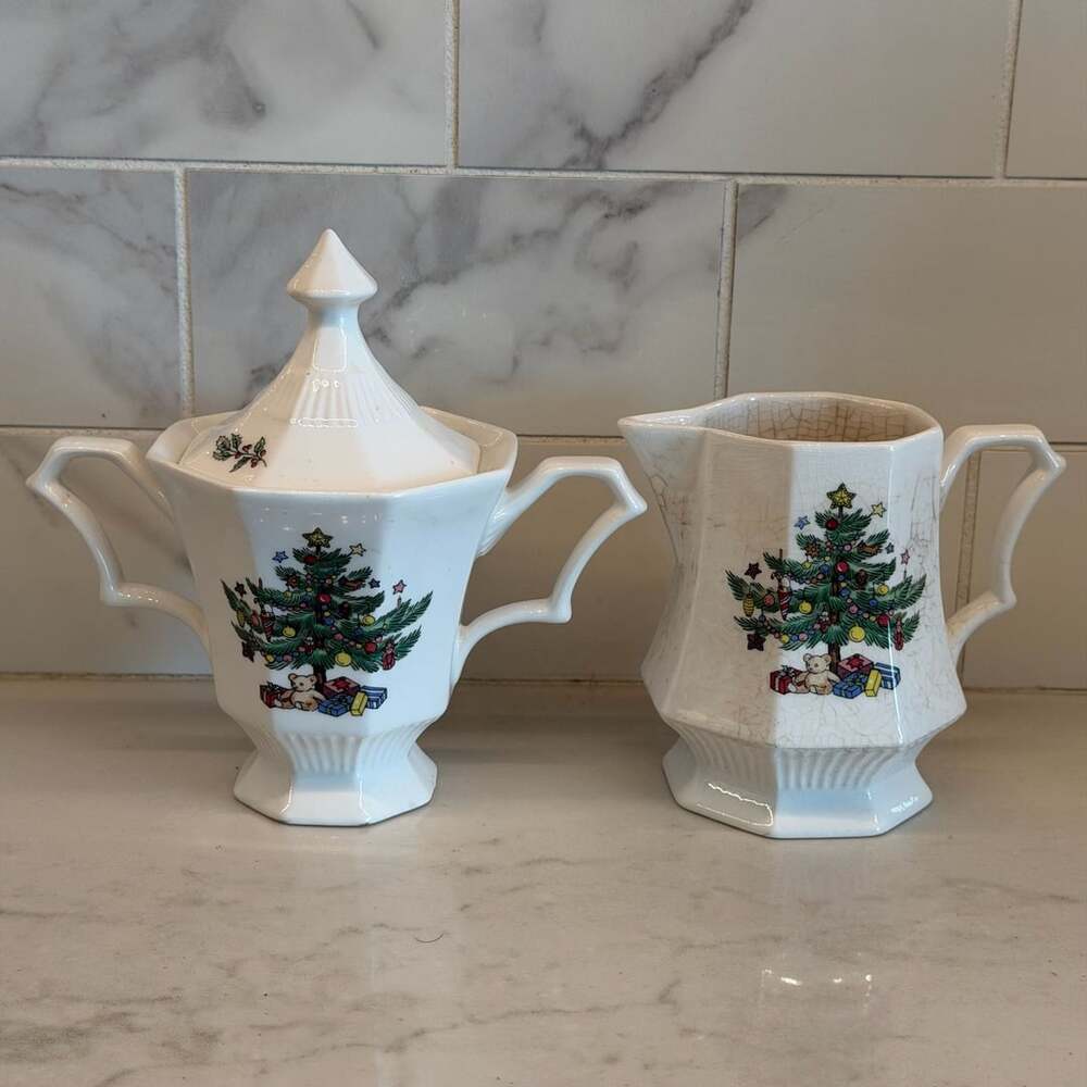 Nikko Christmastime Octagonal Creamer and Sugar Bowl Set